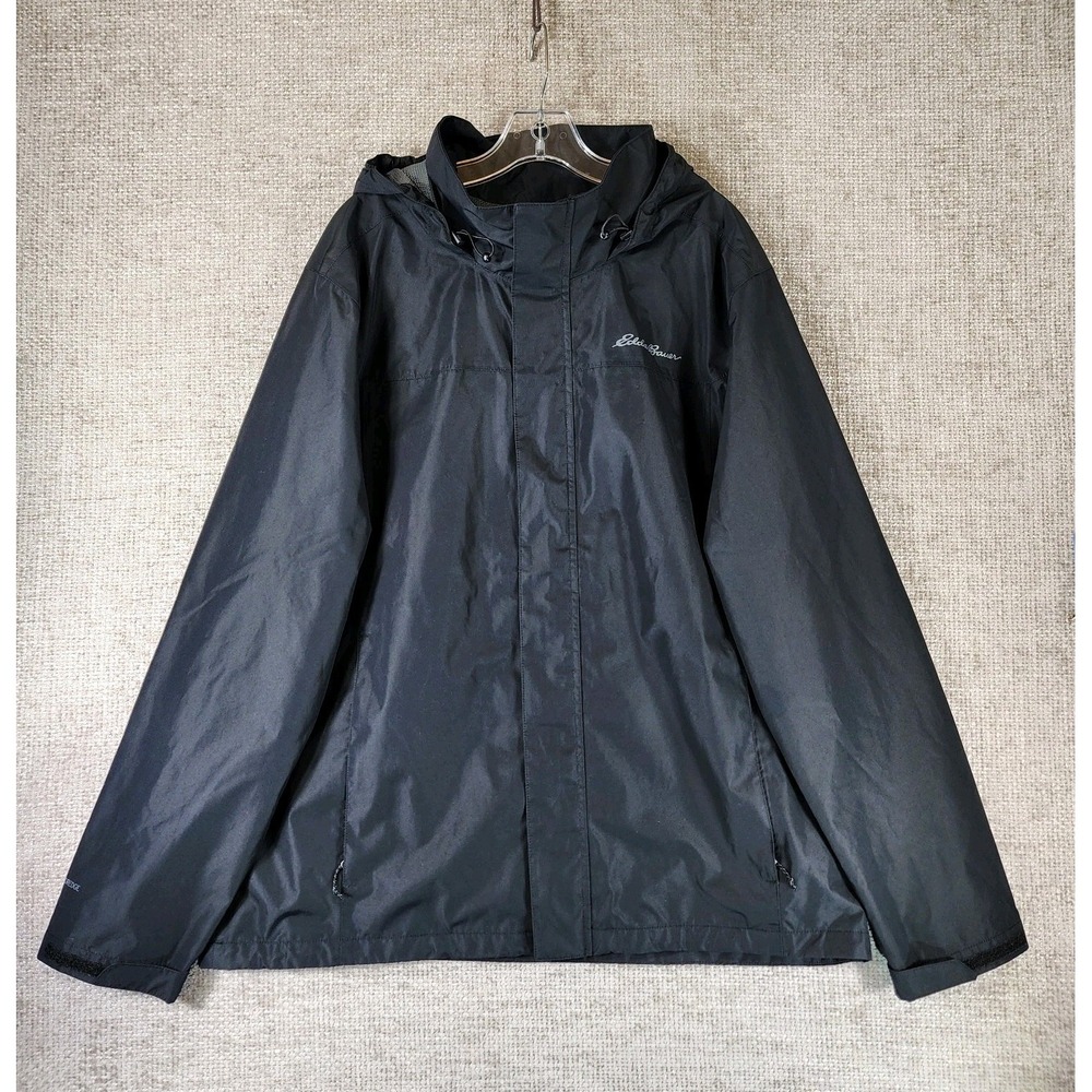 Eddie Bauer WeatherEdge Hooded Jacket Mens XL Black Rain Shell *Flaws